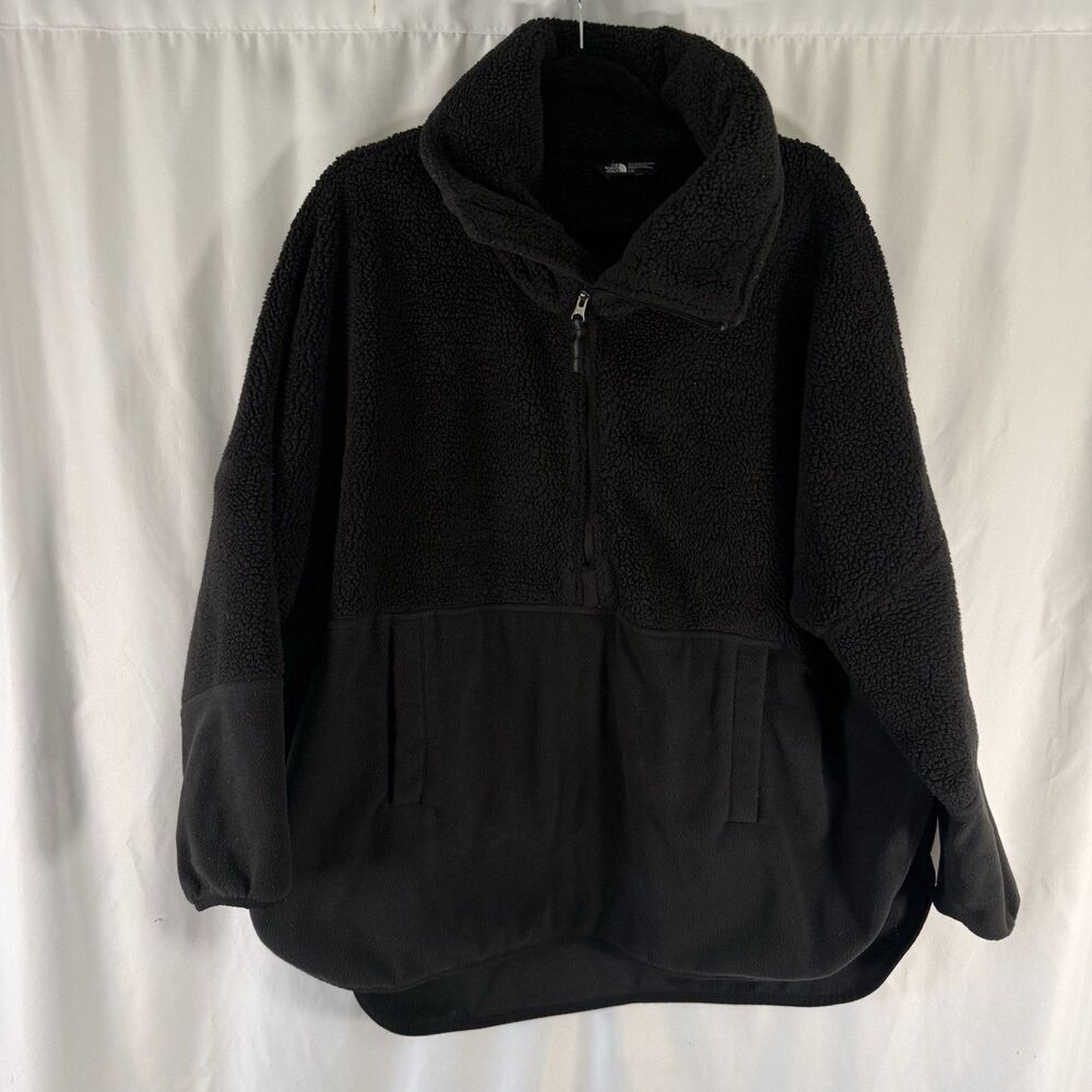 North Face Fleece Jacket Women's Large Black 1/4 Zip Mock Neck Pockets Sherpa